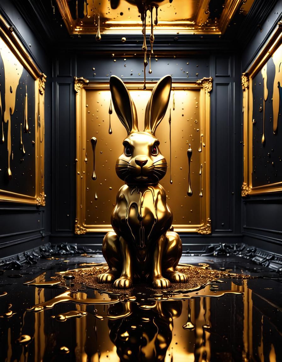 Golden Psycho-Bunny in Black Room, 3D Render