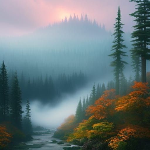 Foggy Alpine River in Anime Style Sketch