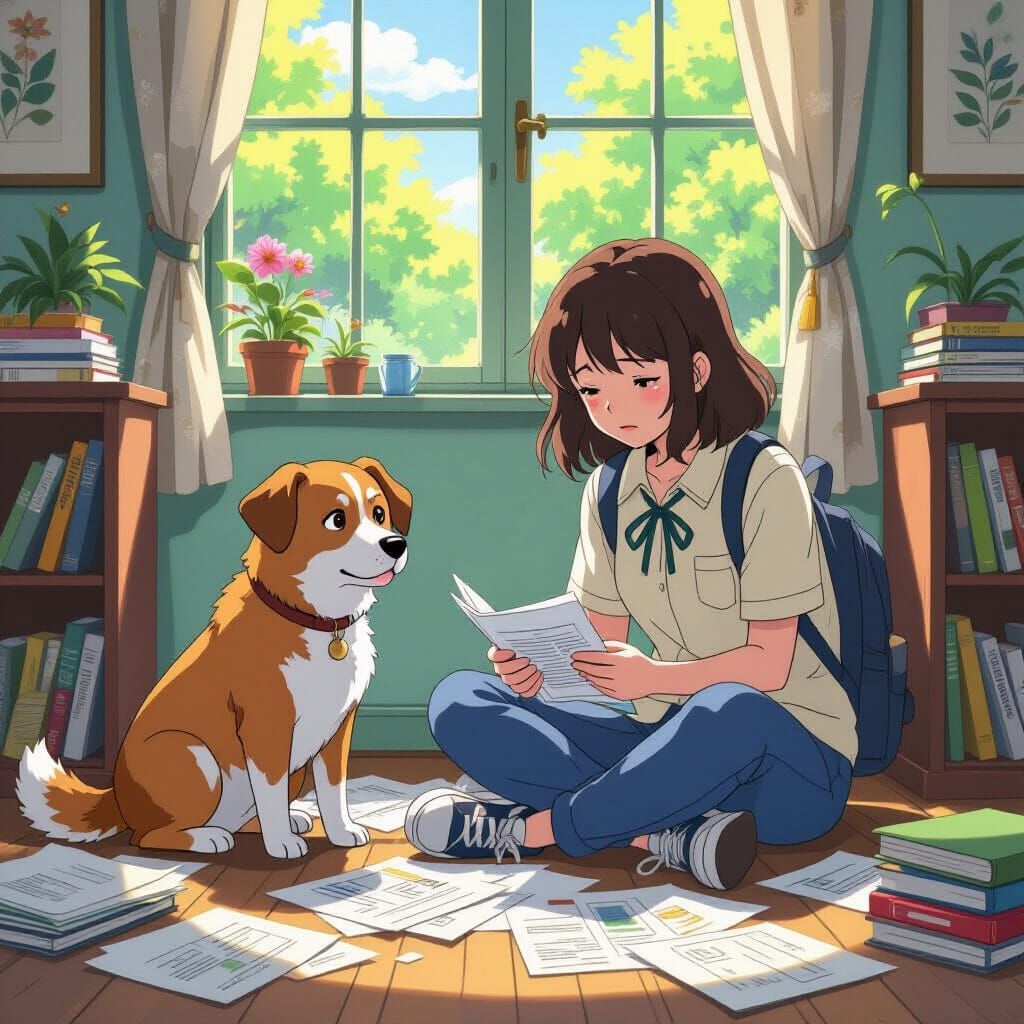 Worried Student with Guilty Dog in Ghibli Style