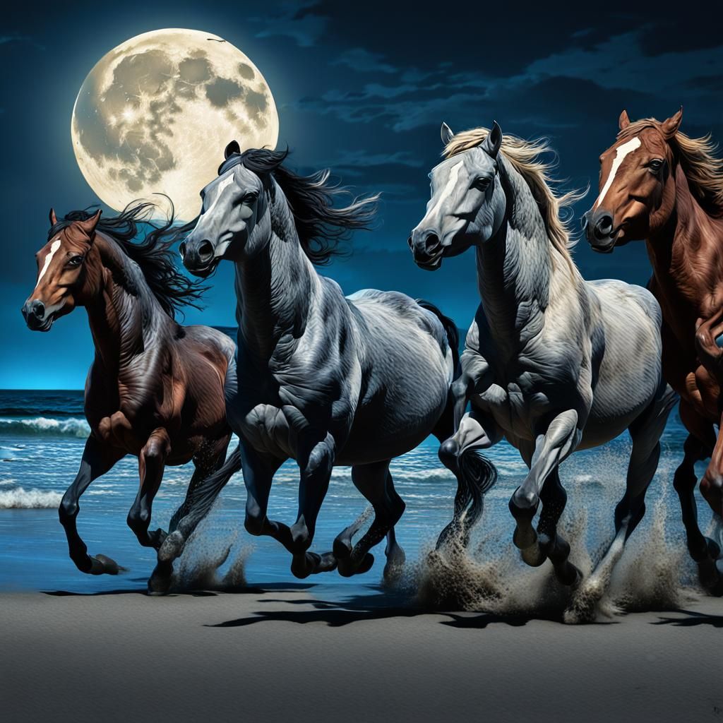 Wild Horses Run on Moonlit Beach: Hyperrealistic Art