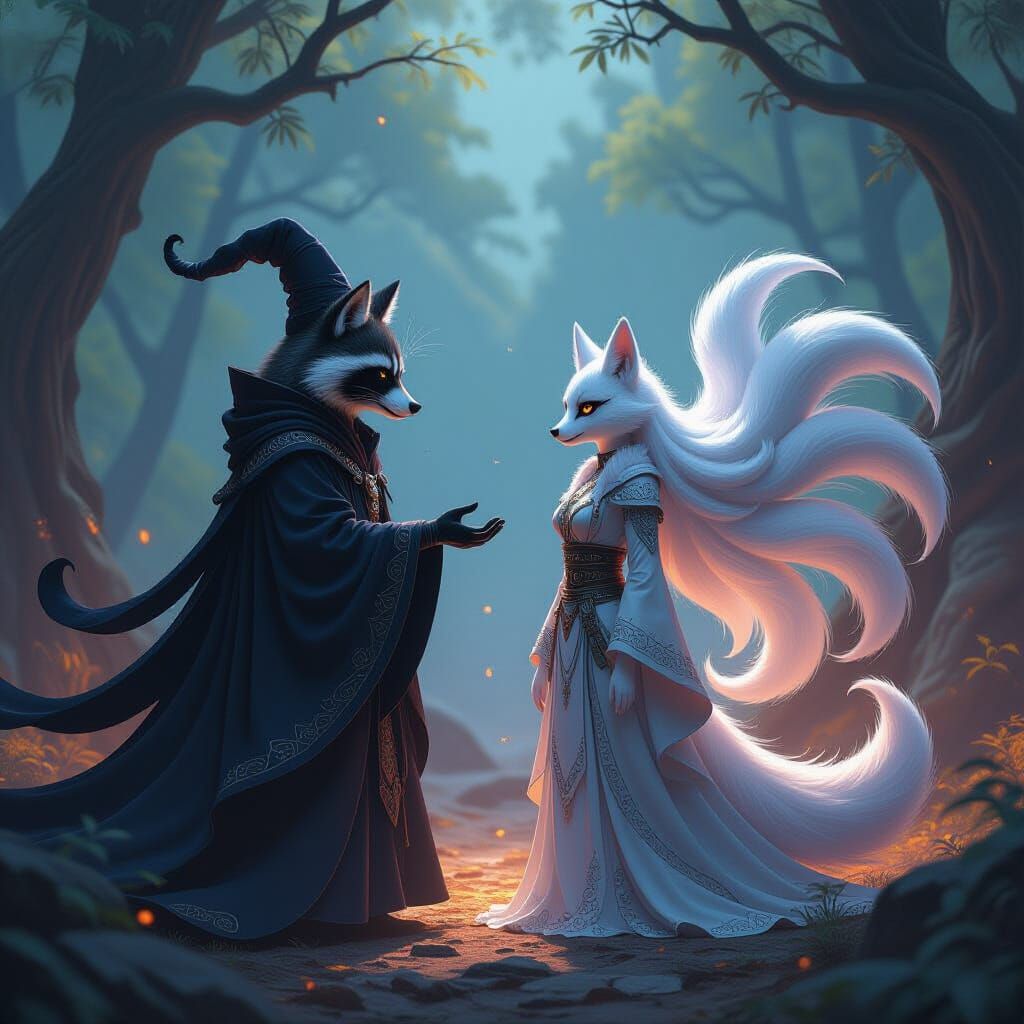 Raccoon Wizard Battles Kitsune Sorcerer in Dark Fantasy Art