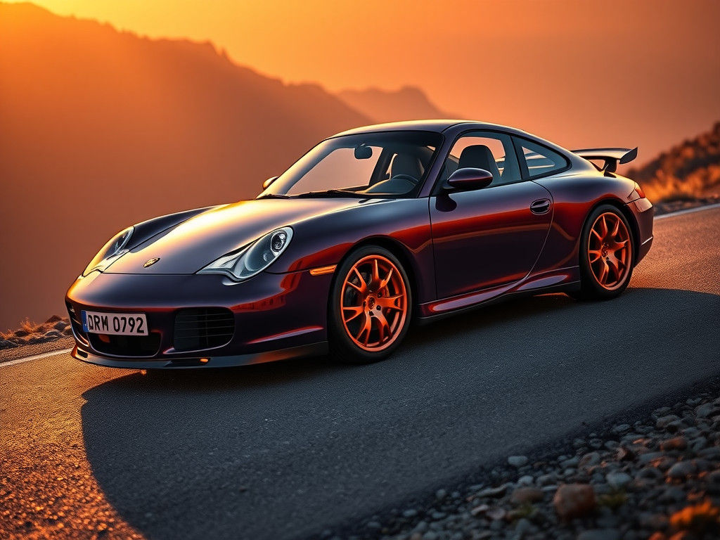 Purple Porsche 996 Ascends Mountain Road at Sunset