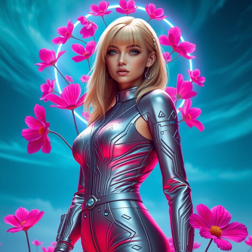 Cyberpunk Girl Surrounded by Floating Cosmos Flowers