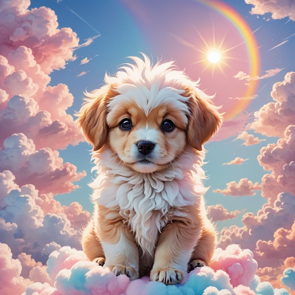 Kawaii Puppy on Pastel Cloud in Manga Style