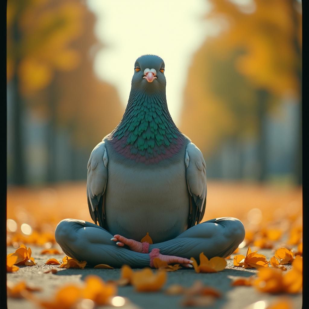 Meditating Pigeon in City Park, Cartoon Style