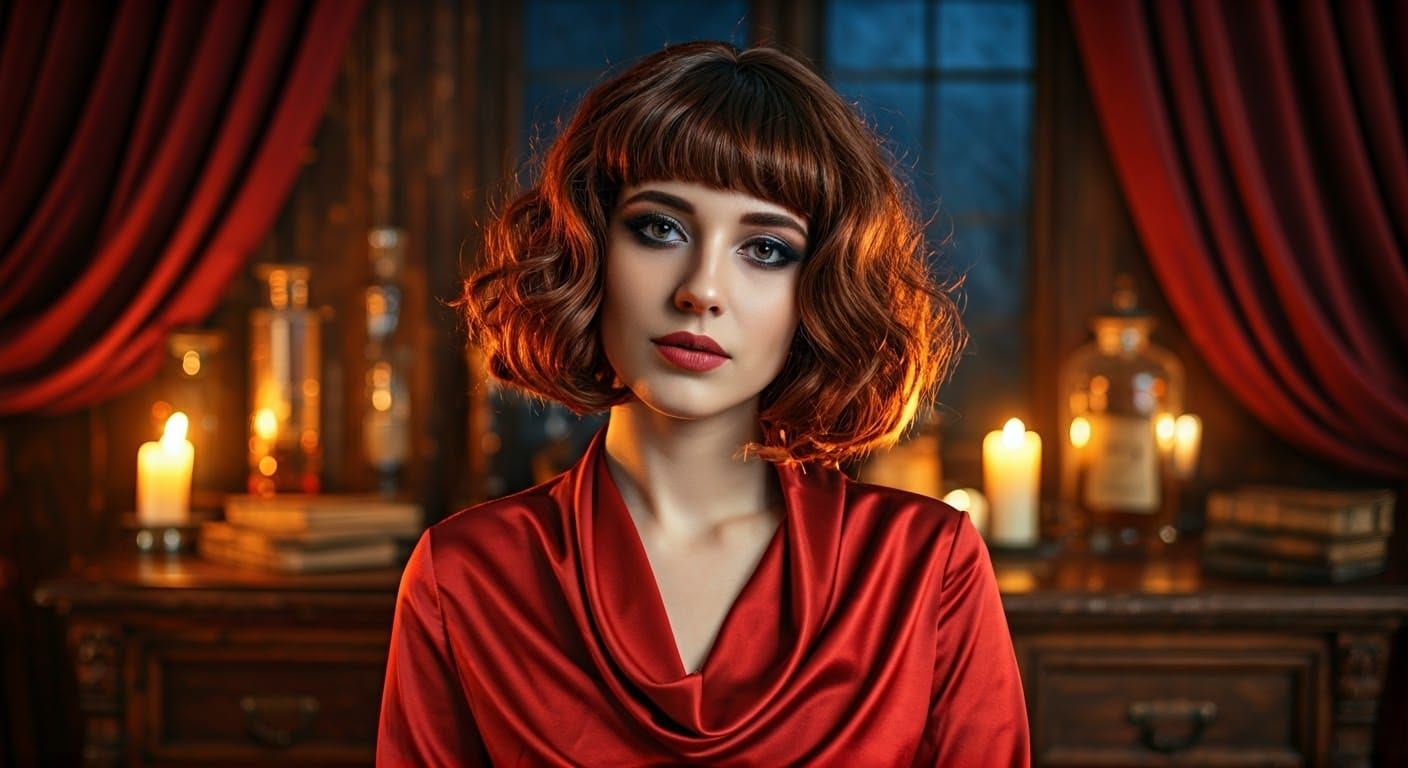 Auburn Bob in Crimson Hues: Dreamlike Portrait
