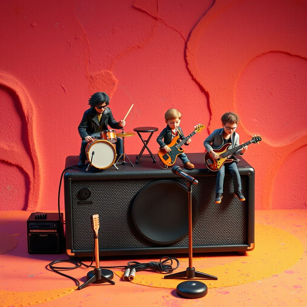 Miniature Rock Band Performance on Gigantic Amplifier