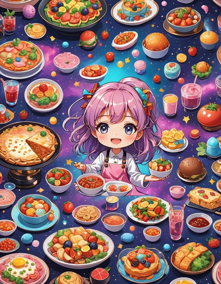 Cute Anime Character Enjoying a Kawaii Dinner
