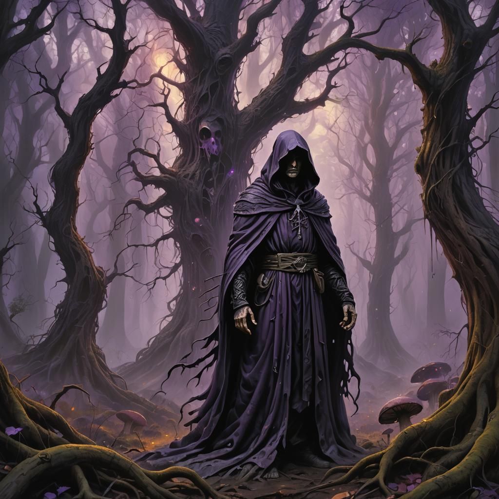 Hooded Figure in Mystical Forest: Dark Fantasy Art