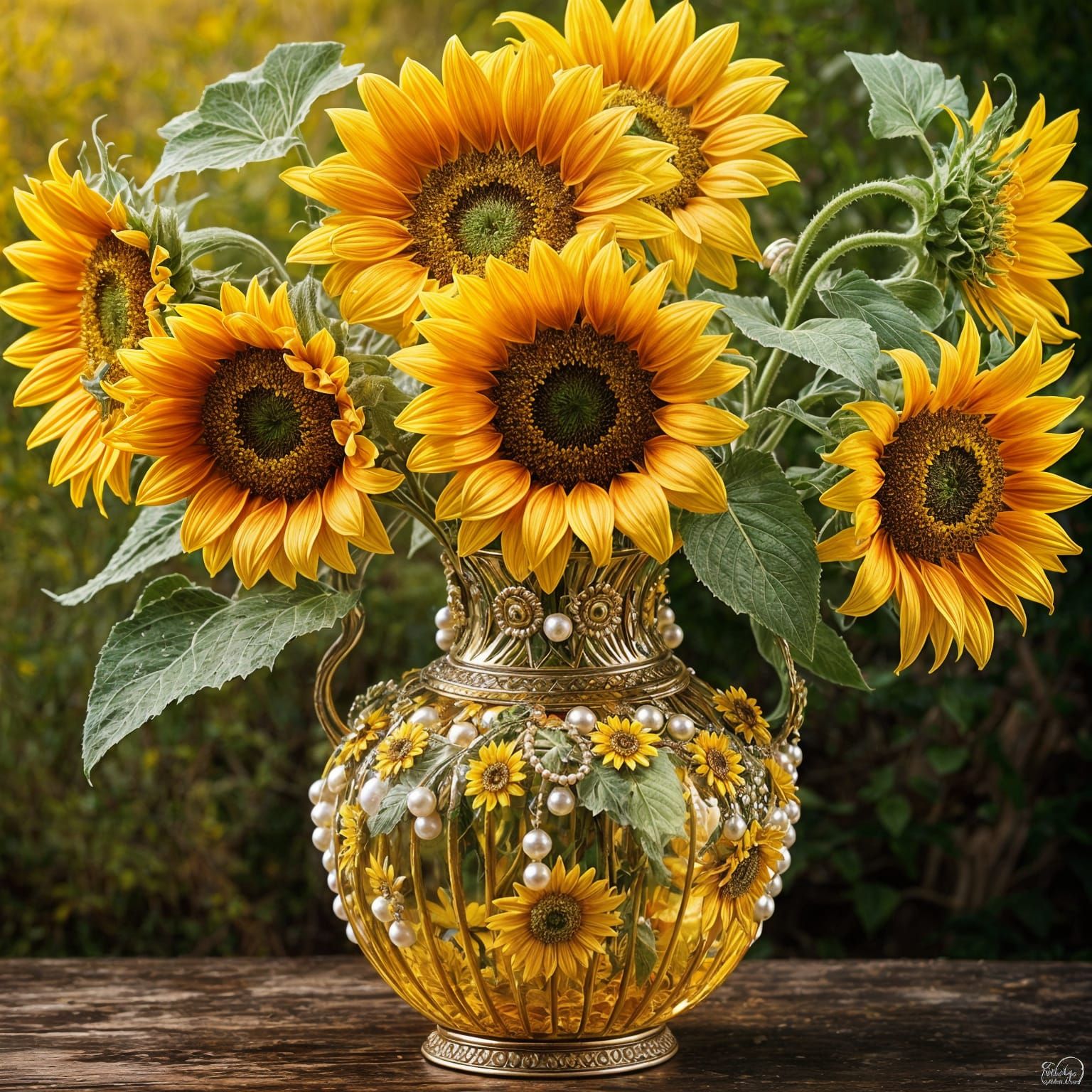 Ornate Yellow Glass Vase of Sunflowers