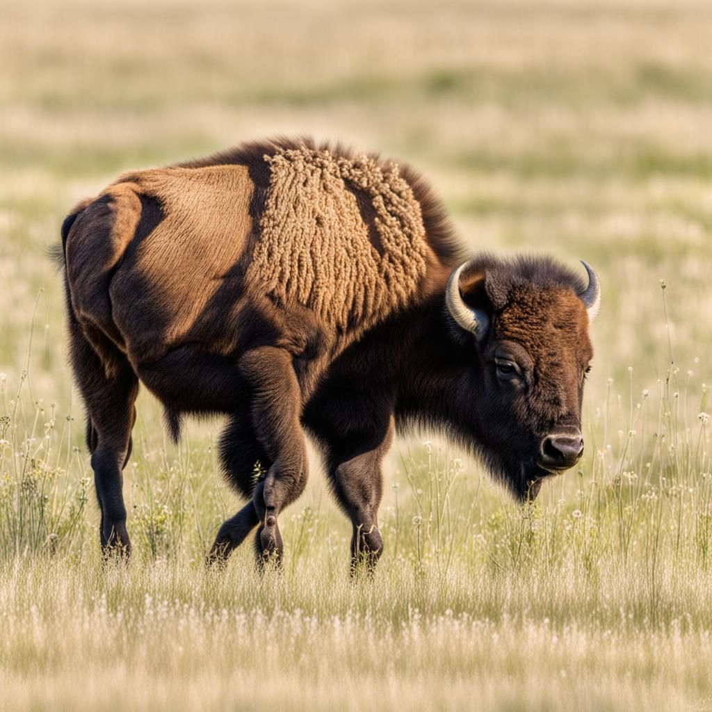 Baby Bison Grazing in a Summer Field