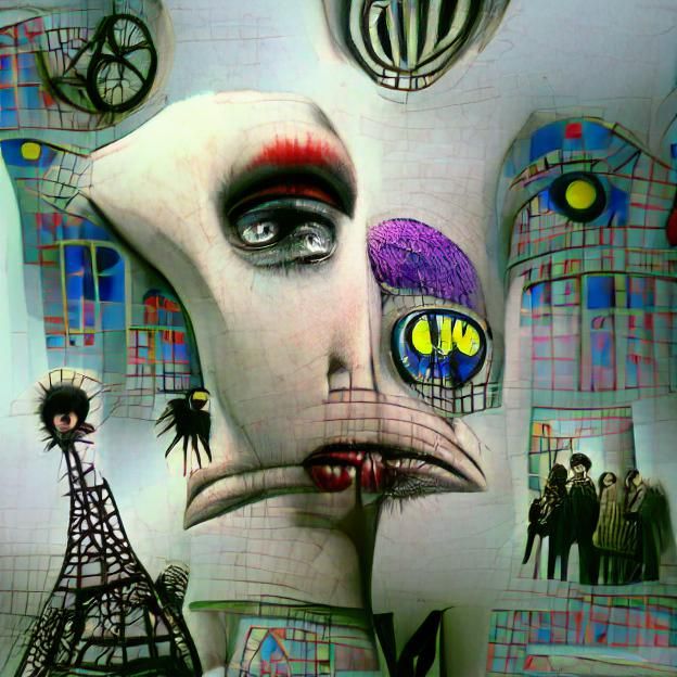 Surreal Dystopian Scene in Art Brut Style