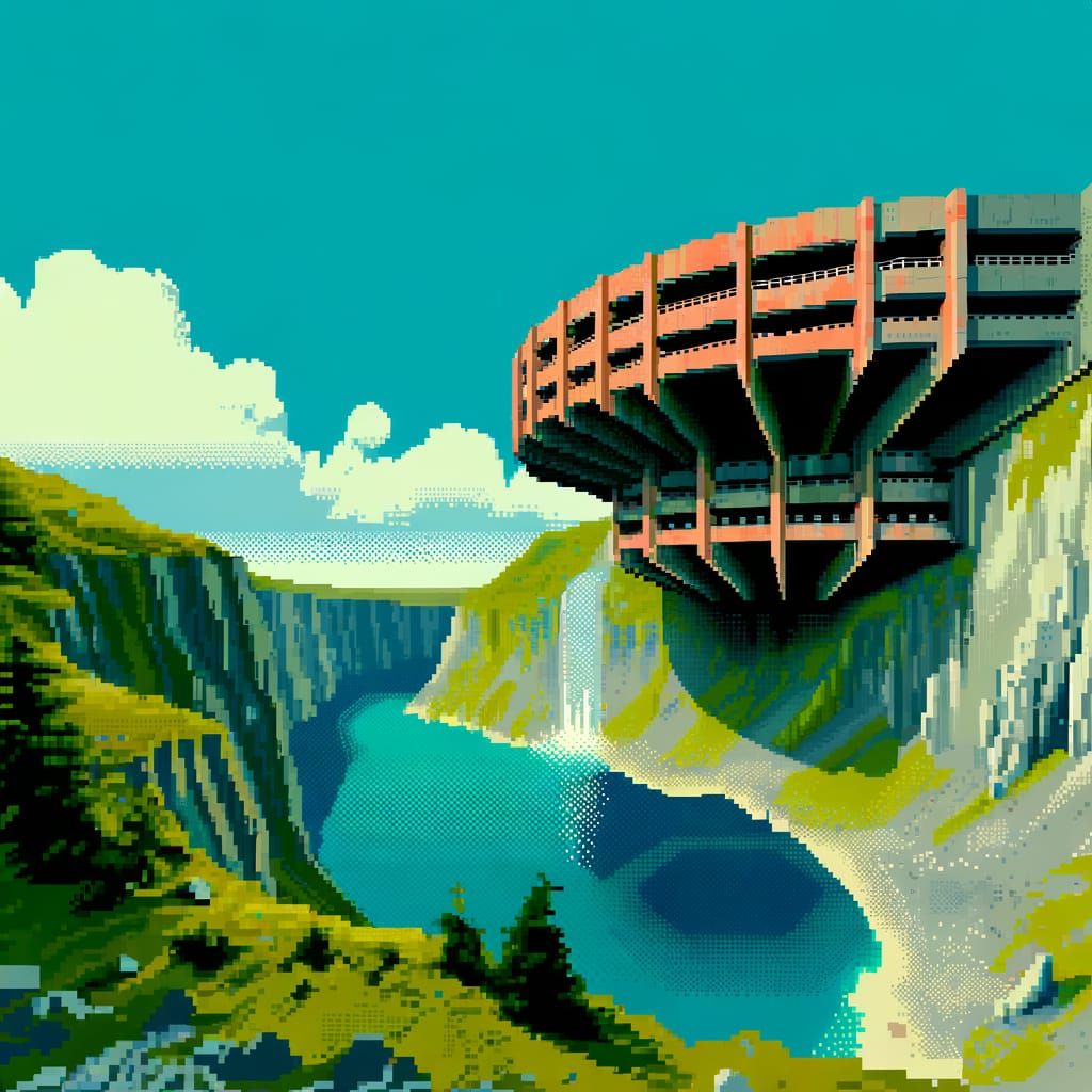 Brutalist Building on Cliff Edge in 16-Bit Pixel Art