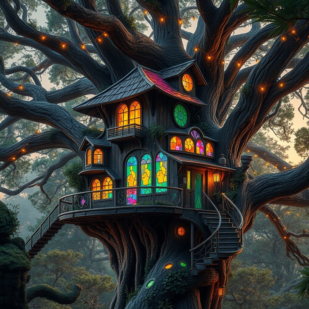 Surreal Treehouse Fusion of Nature, Fantasy, and Modernity i...