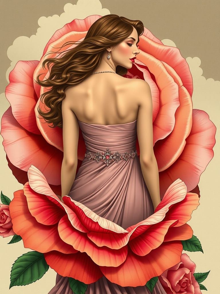 Elegant Woman Emerges from Rose in Art Nouveau Style