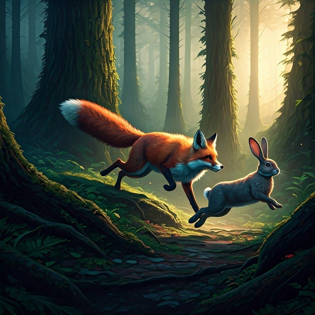Fox Chasing Rabbit in Misty Forest Concept Art