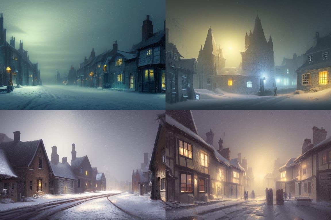 Snowy Sussex Village at Night: Lit Windows