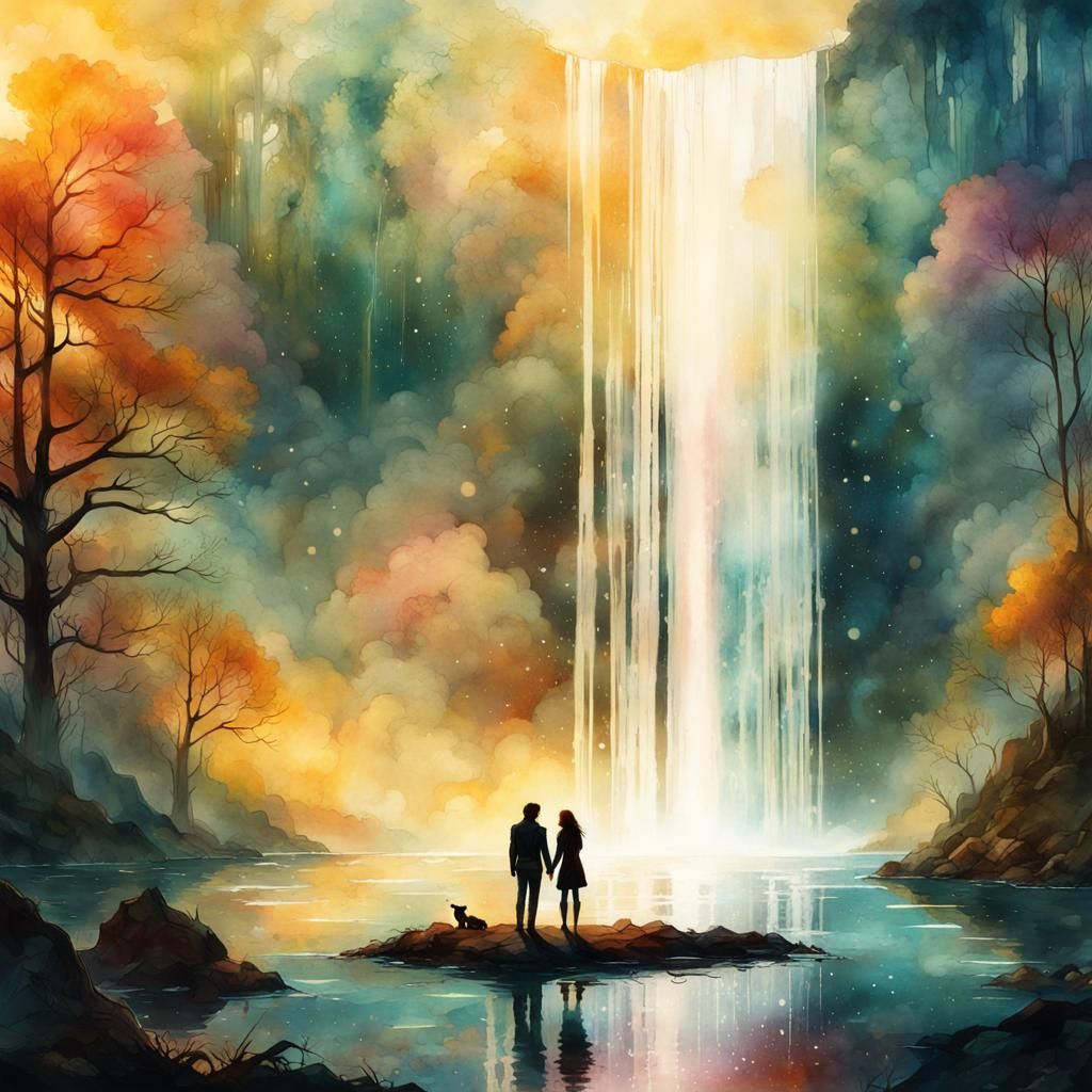 Couple at Glass Waterfall in Watercolor Nebula Sky