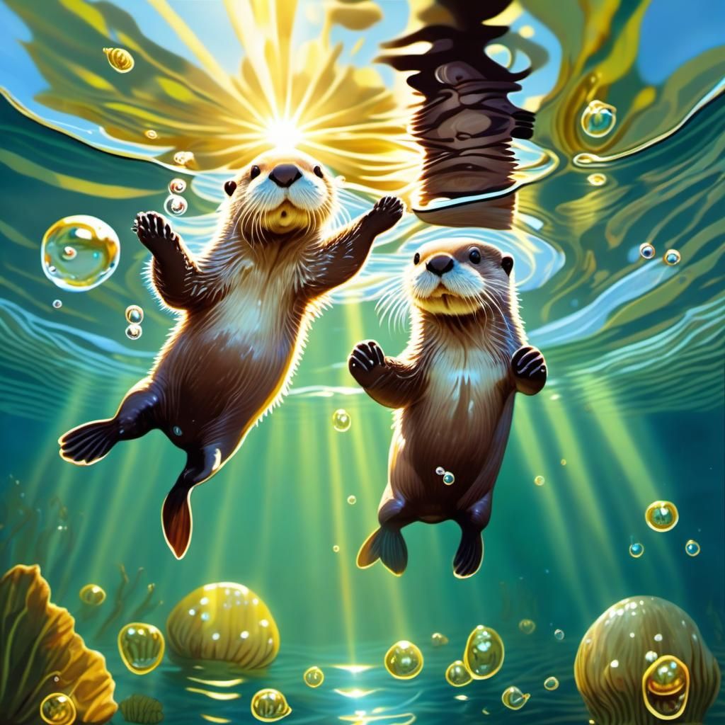 Cute Otters Diving in Lake: Glass Painting Style