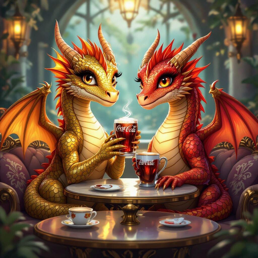 Dragons Share Coca Cola in Whimsical Cafe