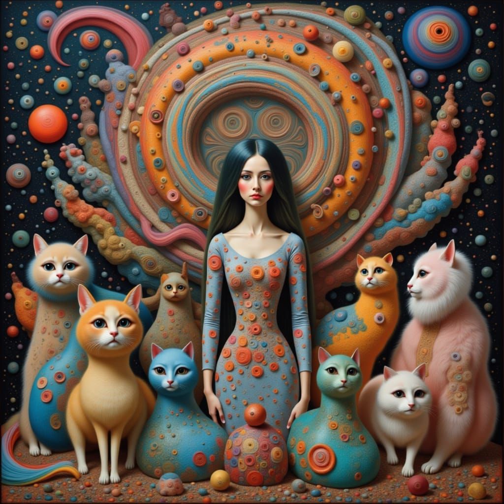 Surreal Woman with Animal Companions in Dreamlike Landscape