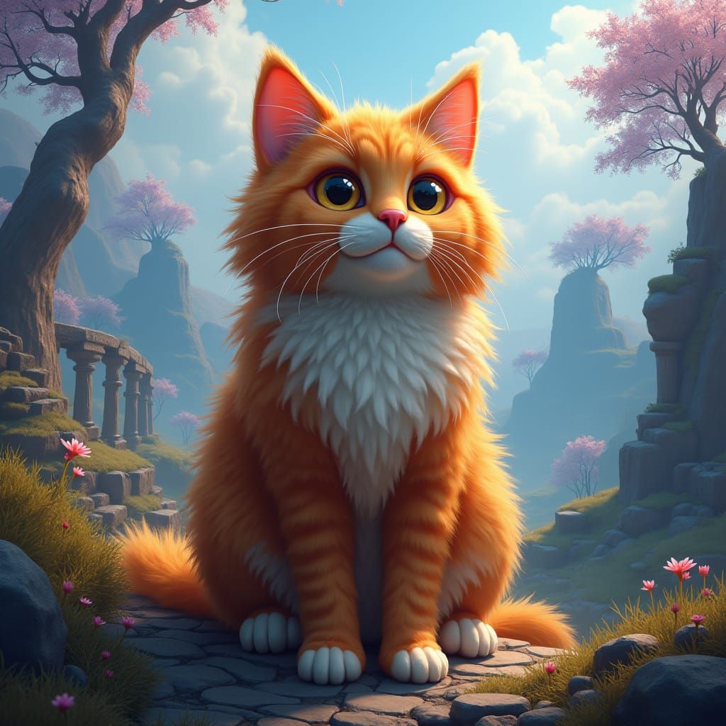 Orange Cat in Dreamlike Landscape as Matte Painting