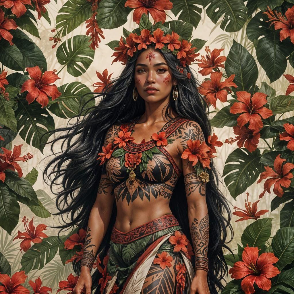 Pacific Islander Girl with Hibiscus Crown: Digital Art
