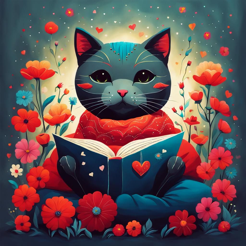 Cute Cat Surrounded by Flowers in Surreal Style