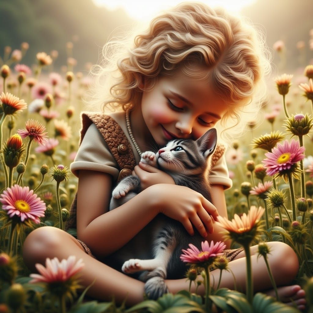 Whimsical Toddler Girl Cuddles Grey Kitten in Dreamlike Atmo...