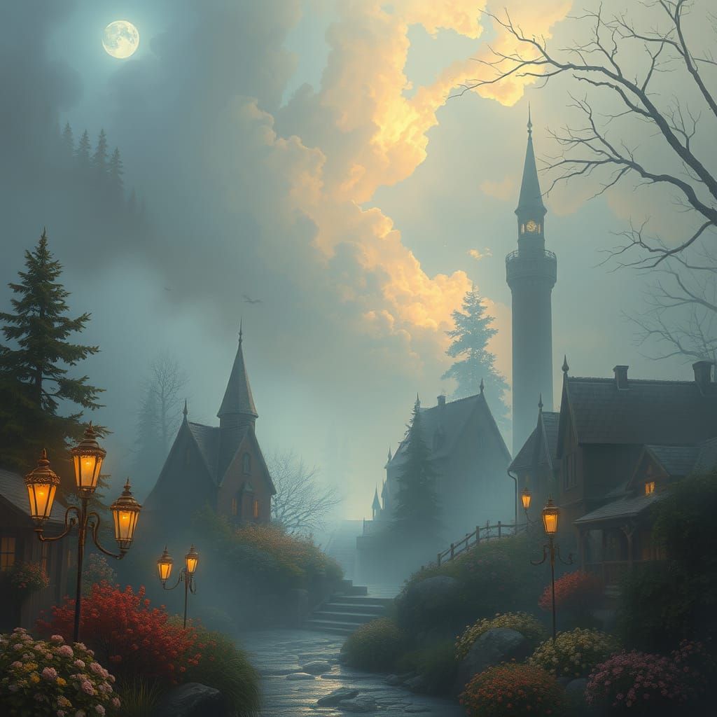 Ethereal Fantasy Landscape in Thomas Kinkade Style