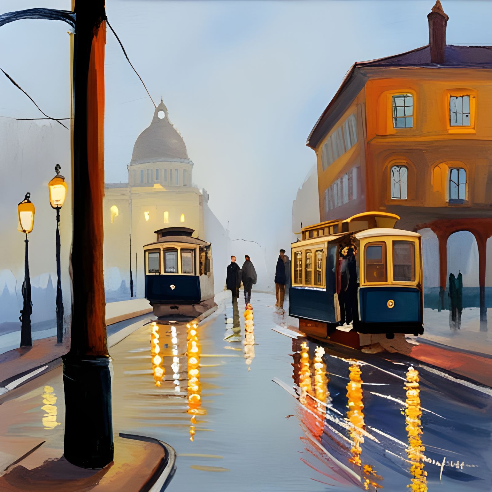 Cable Cars in Fog: Gouache Impressionist Masterpiece