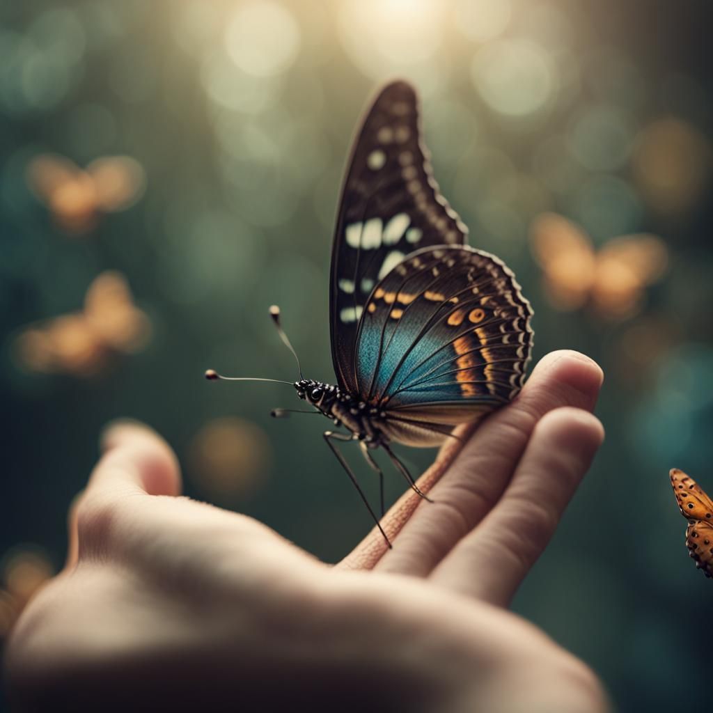 Butterfly Resting on Hand: Cinematic Still