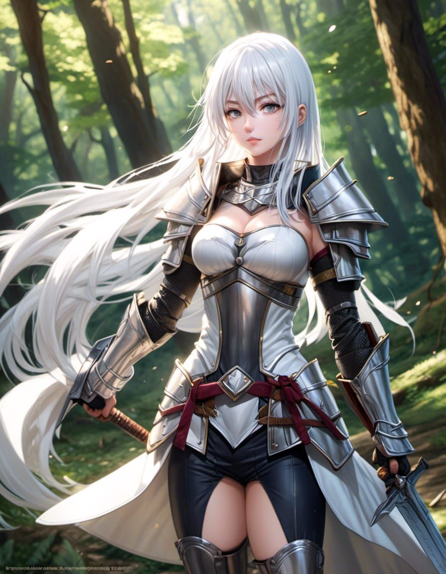 Armored White-Haired Knight in Anime Style Forest