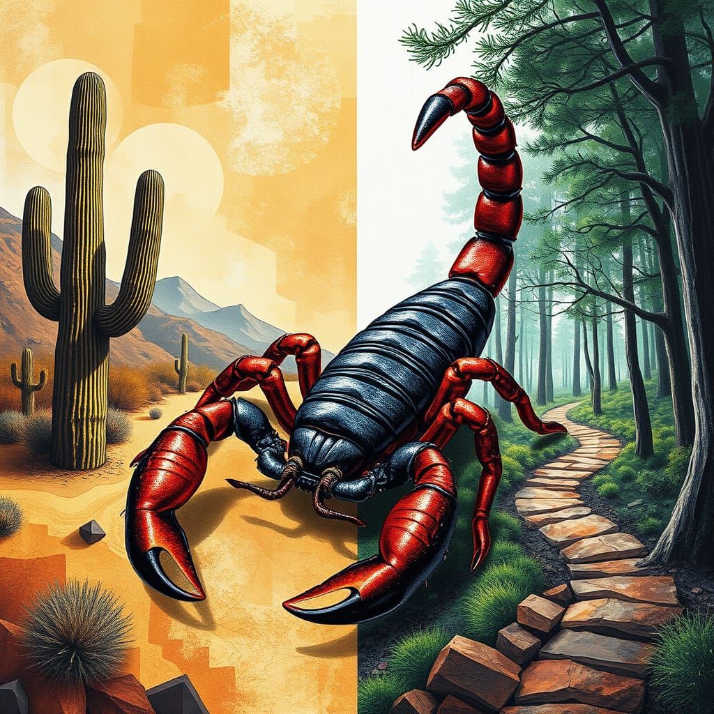 Scorpion in Surreal Desert-Forest, Geometric Fauvism