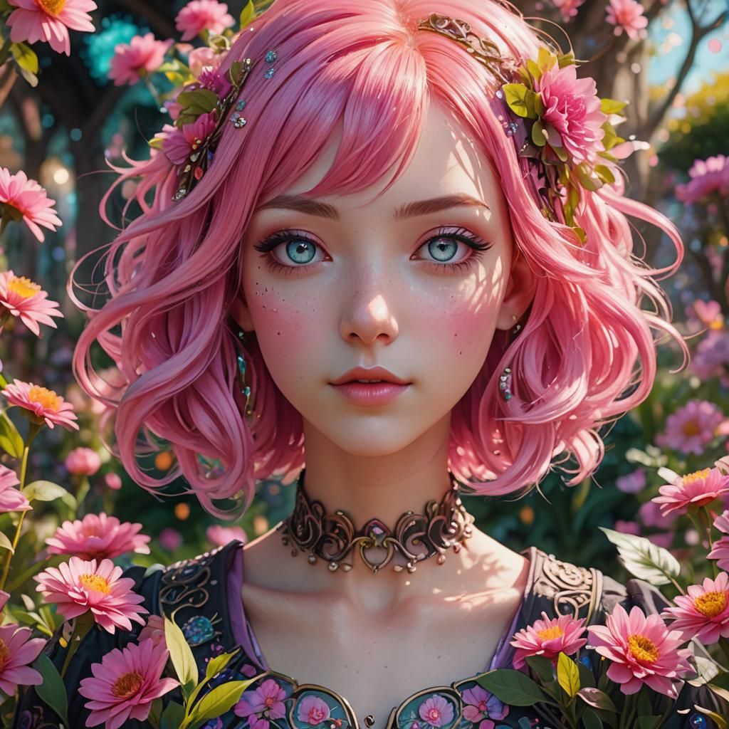 Anime Girl Portrait in Kawaii Art Nouveau Style