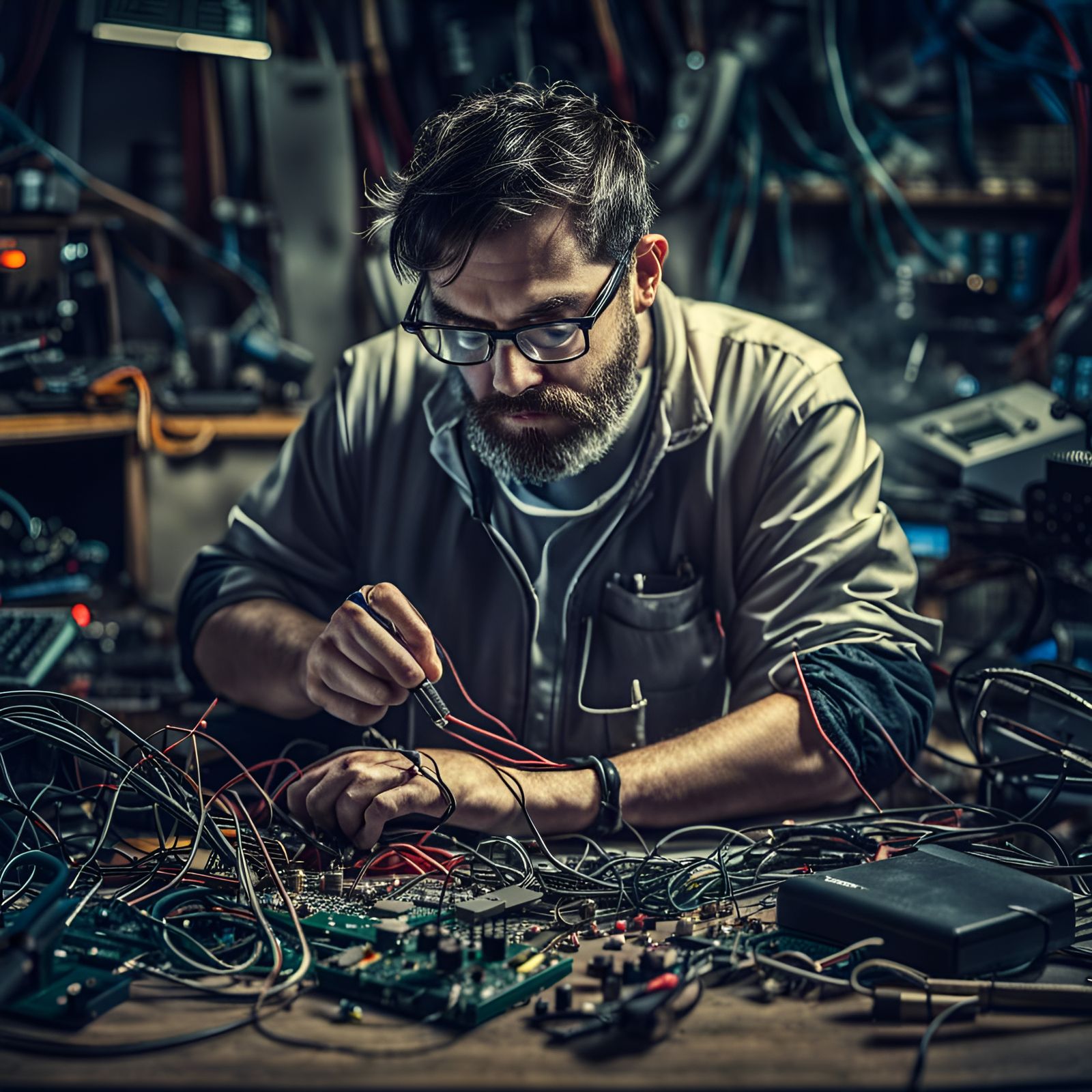 Technician Repairing Laptop at Workbench in Gloomy Light