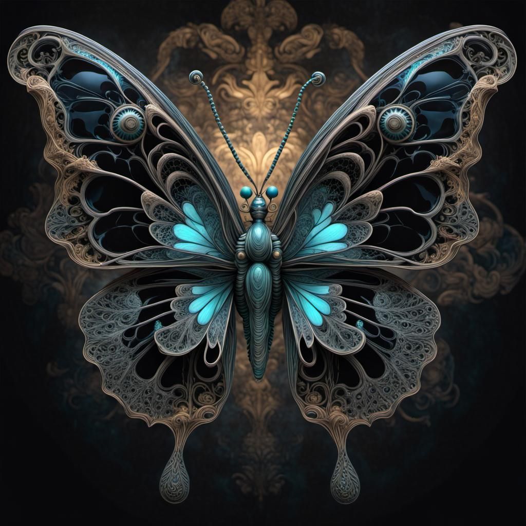 Luminous Black Butterfly on Bioluminescent Flower