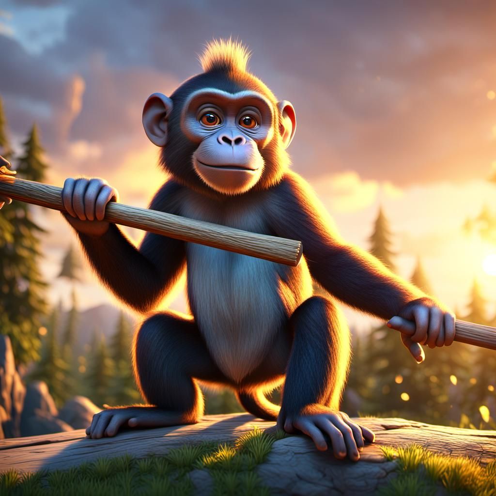 Monkey on Flying Broom in 3D Game Cinematic Style