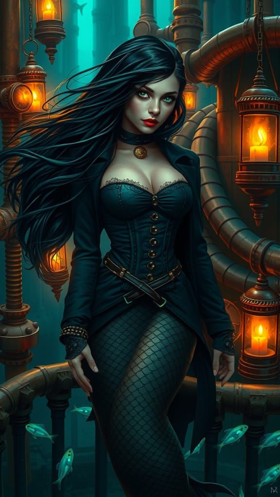 Gothic Mermaid in Steampunk Submarine