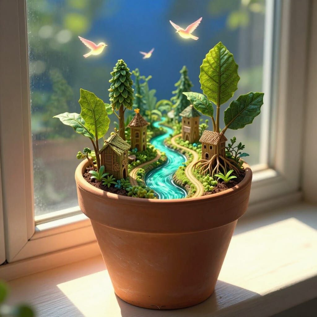 Surreal Miniature World Blooms in Flower Pot