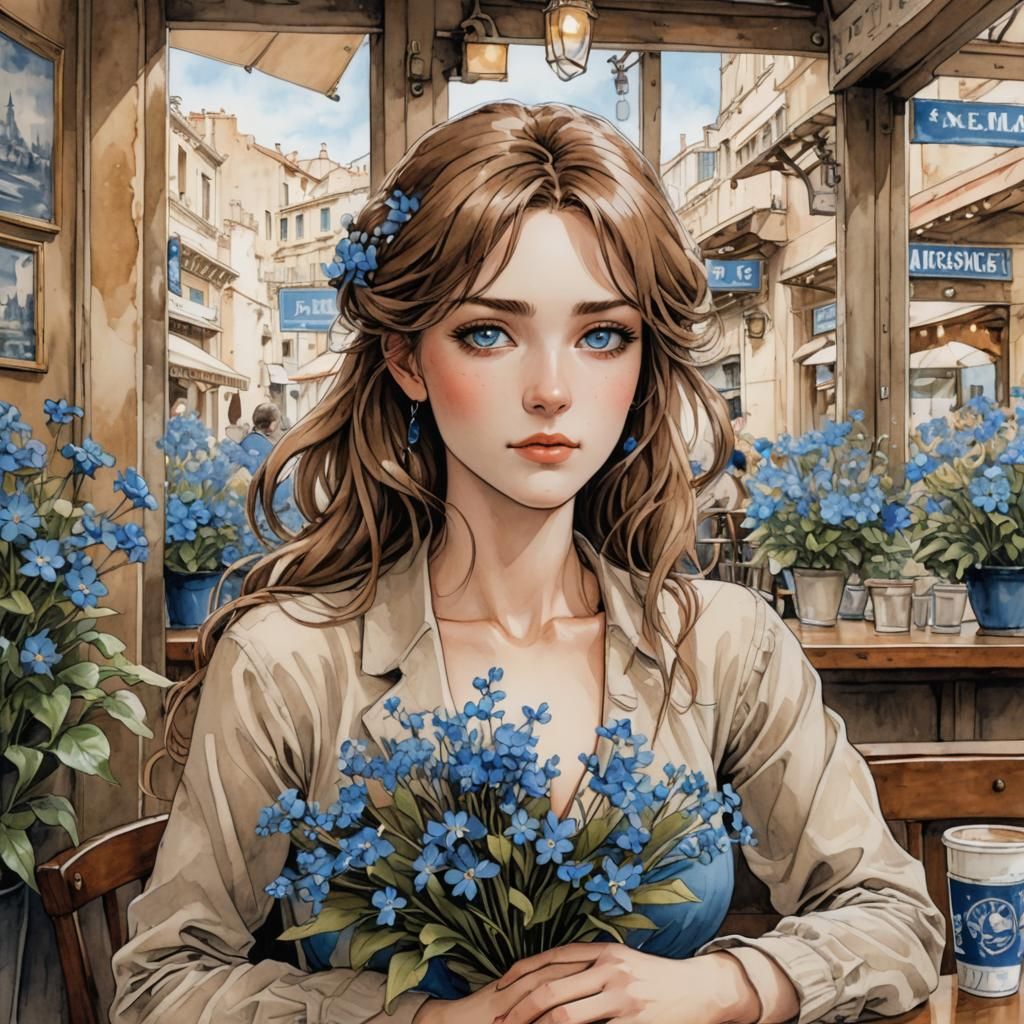 Woman with Blue Flowers in Marseille Cafe