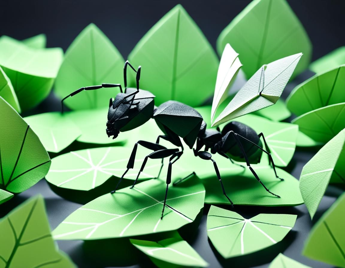 Black Ant in Papercraft Style on Green Leaf