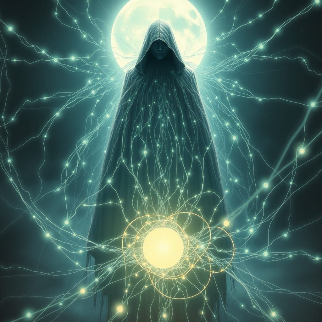 Mystical Figure Weaves Celestial Loom