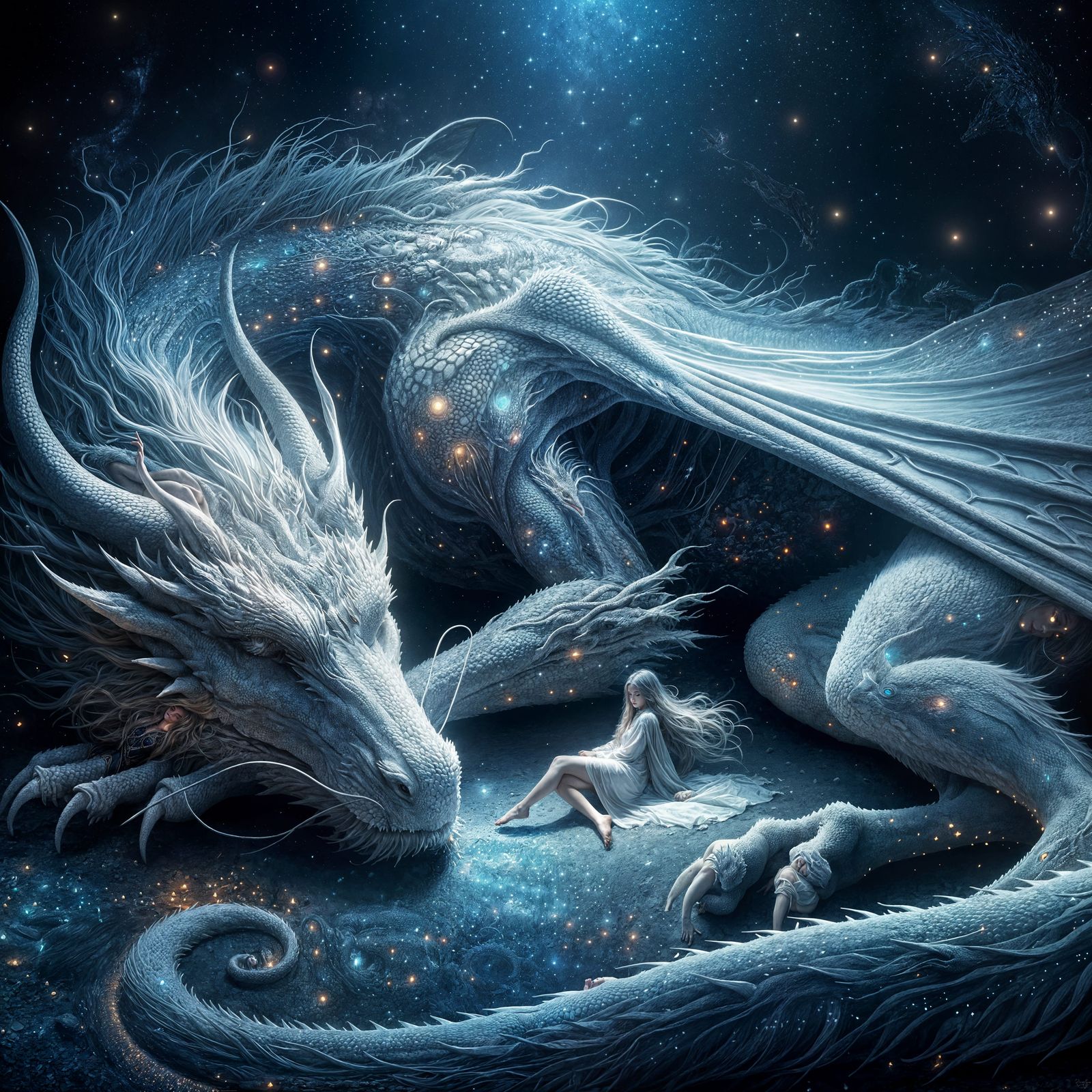 Girl and White Dragon in Mystical Night