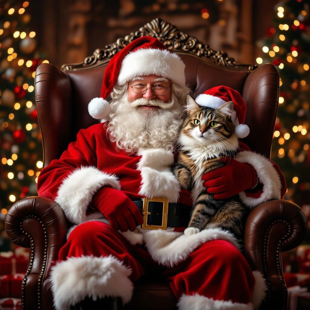 Santa Claus with Cat in Festive Armchair