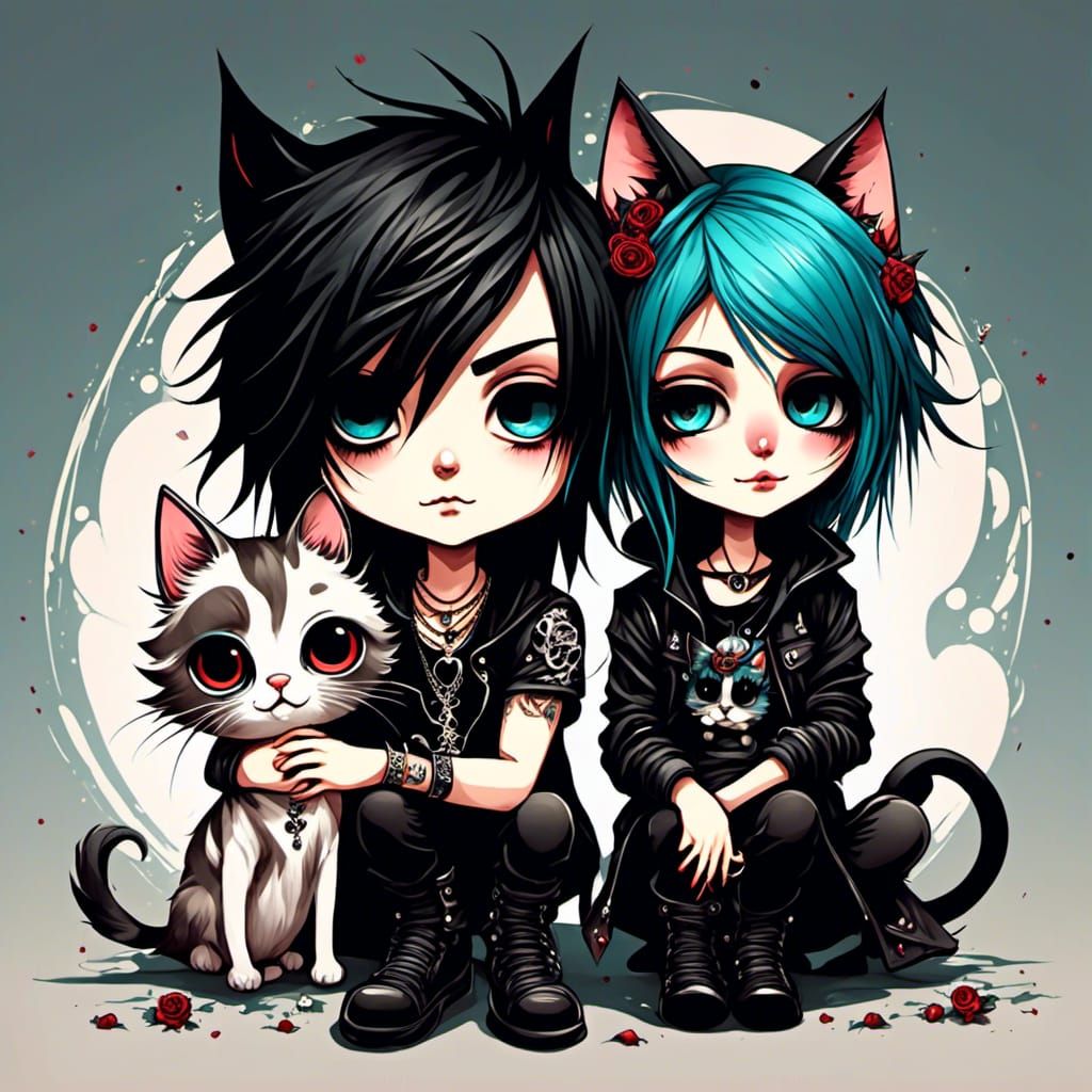 Chibi Emo Duo with Cat: Stylized Digital Art