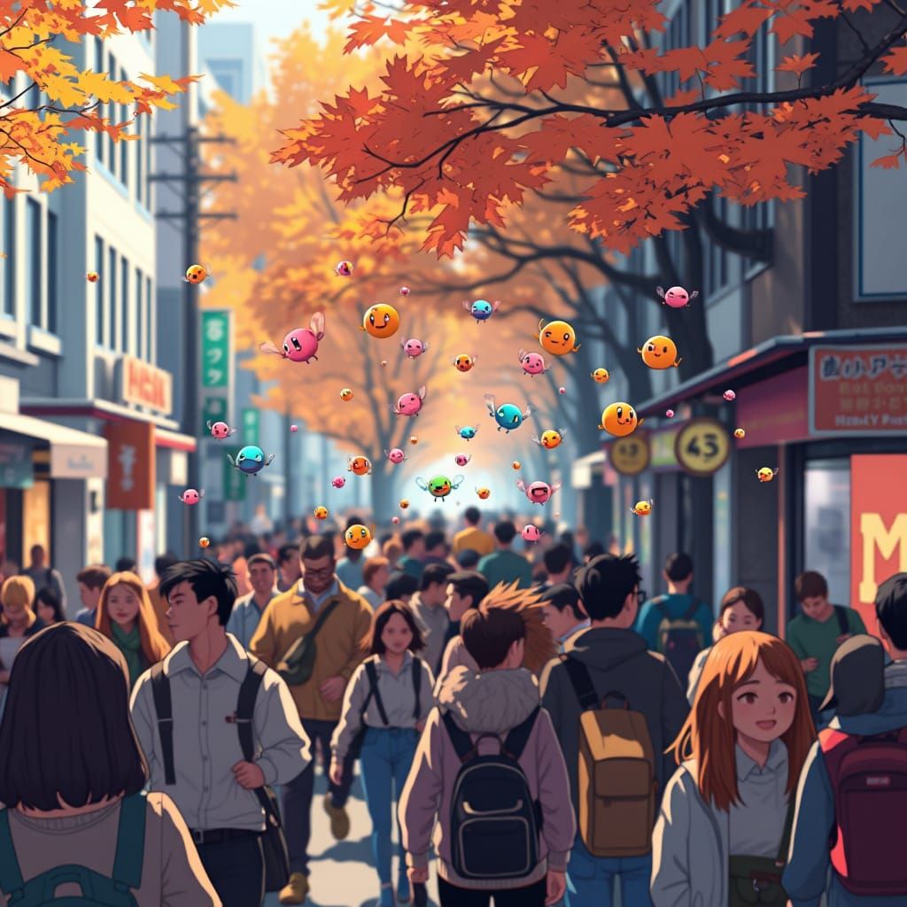 Cute Microbes Fly on Autumn Street in Manga Style