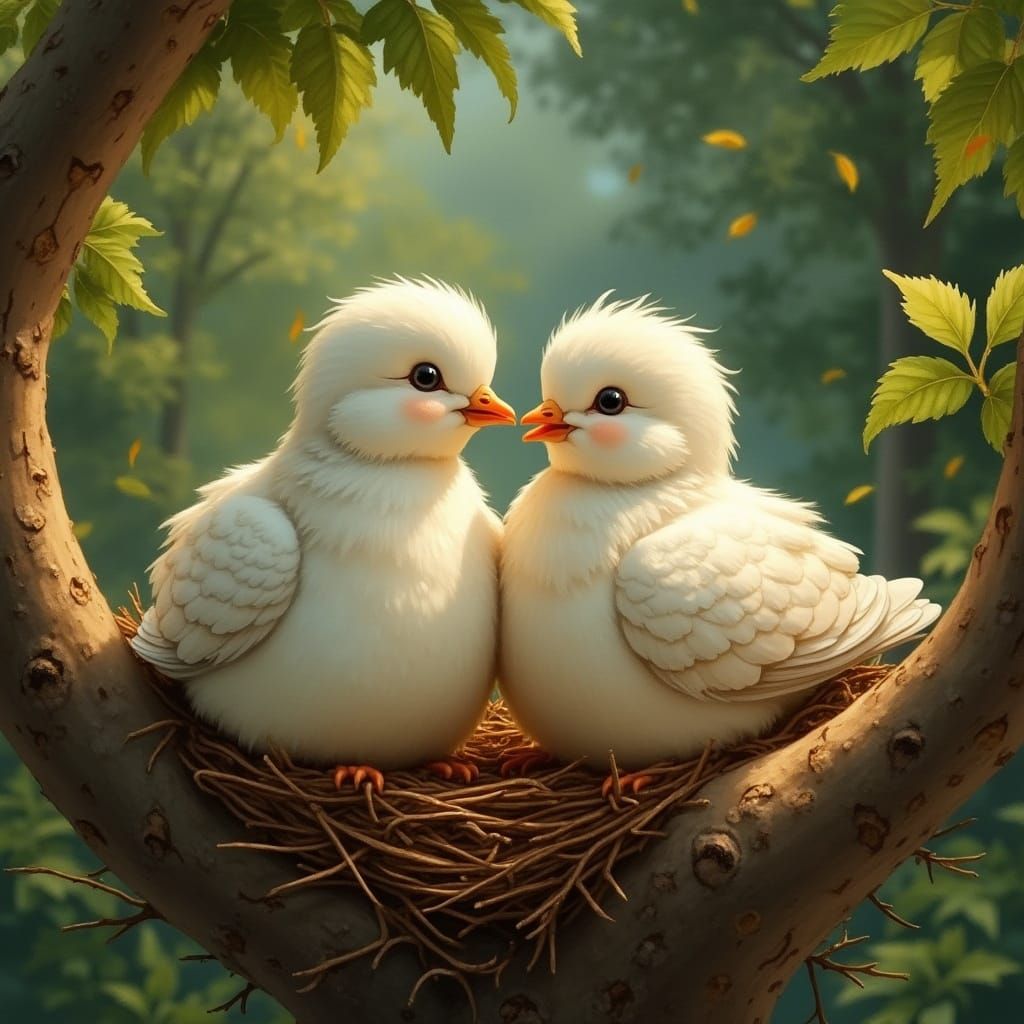 Sunrise Forest Scene with Pigeons in Watercolor Style