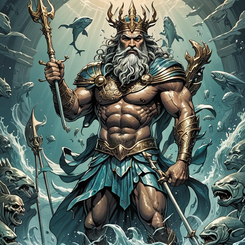 Poseidon Illustration in Comic Book Art Style