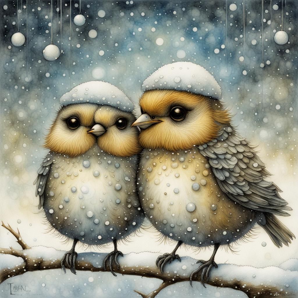 Two little birds freezing under the snow